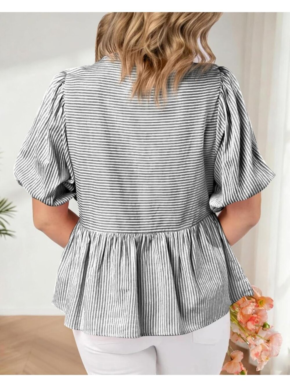 Women's Summer Tops Black Lantern Short Sleeve V Neck Button Peplum Shirts - Picture 5 of 6